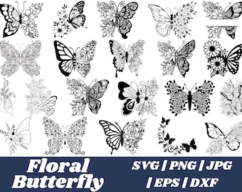 Butterfly SVG Bundle | Floral Butterfly SVG | Butterfly Flower Clipart | Cricut & Silhouette Files | Png, Dxf, Eps, Jpg Butterfly Designs
