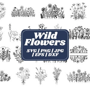 Bundle Svg de fleurs sauvages, prairie de fleurs Svg, bordure de fleurs SVG, bouquet de fleurs minimaliste, clipart fleurs sauvages, fleur croquis Svg