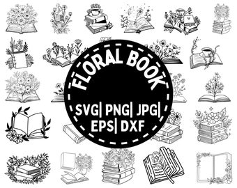 Floral Book SVG Bundle | Books with Flowers Cut Files | Reading, Open Book & Stack of Books SVG for Cricut, T-Shirts, Mugs, Printable