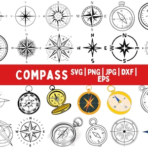 May include: Collection of compass designs in various styles, including line art and detailed illustrations. The image features compasses with north, south, east, and west markings. Text in the image reads "COMPASS SVG | PNG | JPG | DXF | EPS".