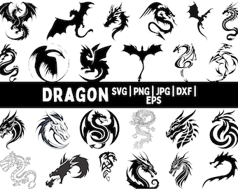 Dragon SVG Bundle, Dragon Clipart for Cricut & Cut File, Dragon Silhouette, Dragons Head, Dragon Tattoo Svg, Dragon PNG DXF, Commercial use