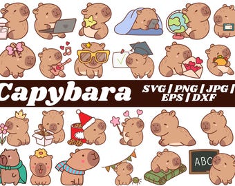 Paquete SVG de capibara adorable, clipart de capibara kawaii, descarga digital instantánea para Cricut y Silhouette, impresión de alta calidad, ilustración de animales