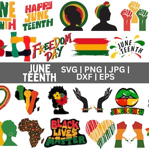 May include: A collection of colorful Juneteenth-themed graphics. The designs include text that says "June Teenth", "Happy June Teenth", and "Freedom Day". Other graphics include silhouettes, fists, and the phrase "Black Lives Matter".