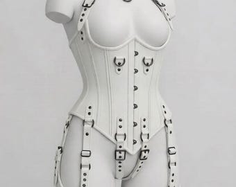 White Genuine Leather Overbust Corset | Steel Boned Lace-Up Waist Trainer, Gothic Style