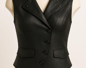 Handgemaakt zwart schapenvachtleren vest: damesbikergilet