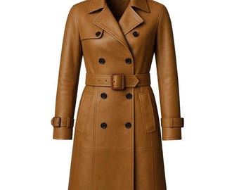 Women’s Genuine Leather Trench Coat – Handmade Long Belted Overcoat, Luxury Classic Outerwear