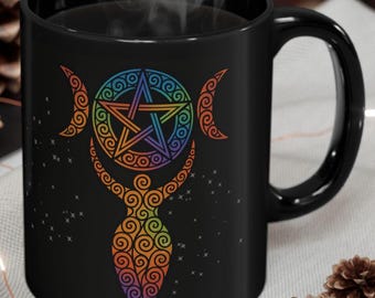 Rainbow Triple Moon Goddess Mug: Wiccan Pentacle Coffee Cup