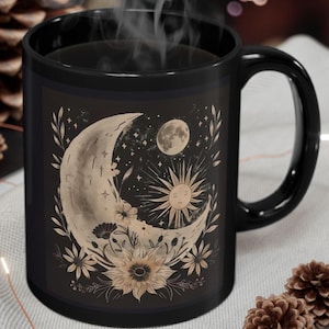 Caneca de cerâmica com sol celestial, lua e estrelas, vibrações espirituais, presente perfeito para observadores de estrelas, amantes da astrologia, amantes do chá, amantes do café, presente de aniversário