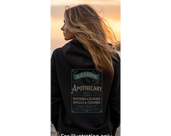 Sudadera con capucha de boticario Black Raven, sudadera con capucha gótica de bruja, sudadera con capucha vintage de elixir y hechizos ocultos, regalo de la Academia Oscura, regalo pagano, regalo de Halloween.