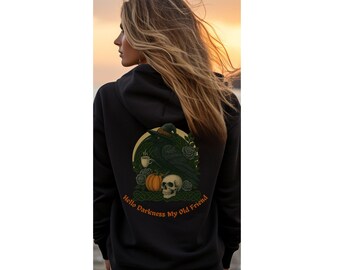 Sudadera con capucha de Hello Darkness My Old Friend, sudadera gótica con calavera de cuervo, sudadera con capucha de Halloween de brujas, suéter Dark Academia, sudadera con capucha de cuervo negro