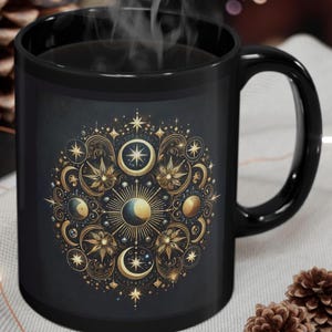Caneca de cerâmica com sol celestial, lua e estrelas, vibrações espirituais, presente perfeito para observadores de estrelas, amantes da astrologia, amantes do chá, amantes do café, presente de aniversário