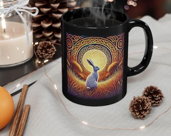 Taza de liebre mirando la luna: taza de café celta wiccan de Yule