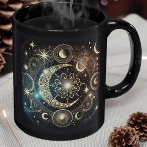 Caneca de cerâmica com sol celestial, lua e estrelas, vibrações espirituais, presente perfeito para observadores de estrelas, amantes da astrologia, amantes do chá, amantes do café, presente de aniversário