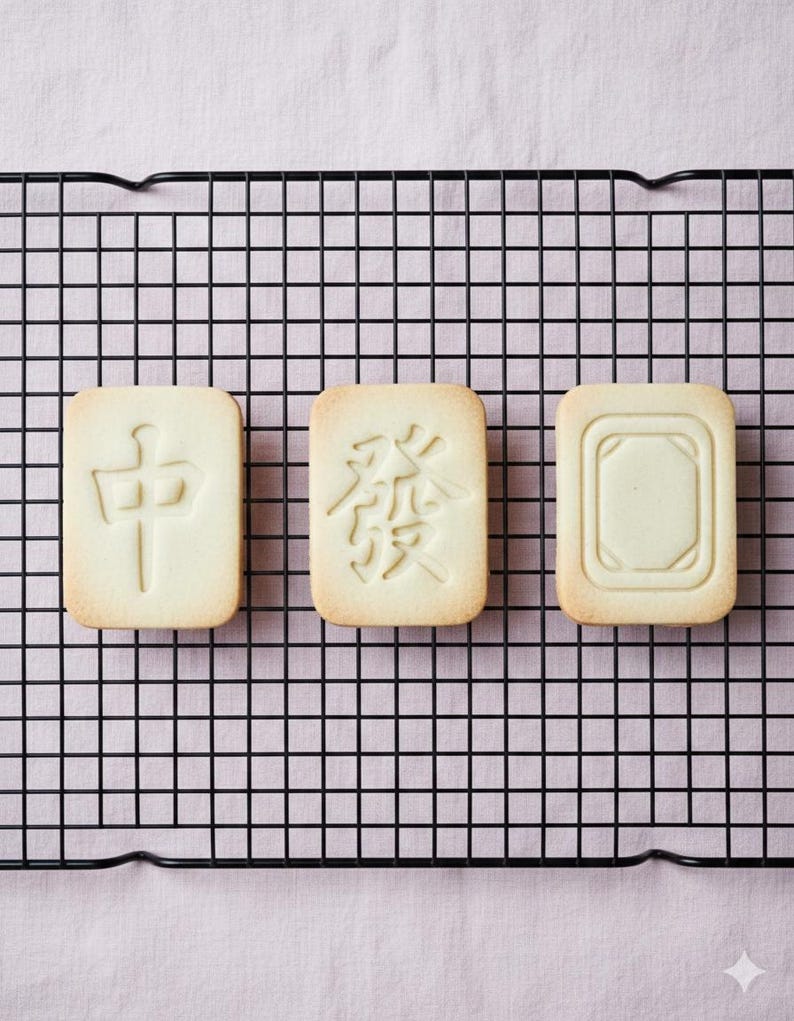 May include: Three rectangular cookies with embossed designs, arranged on a black wire rack. The cookies have different Chinese characters and a geometric pattern. The background is a light pink fabric.