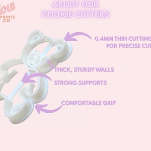 May include: A white plastic cookie cutter in the shape of a bear. The cutter has a thin 0.4mm cutting edge, thick sturdy walls, strong supports, and a comfortable grip. The text on the image says "About Our Cookie Cutters".