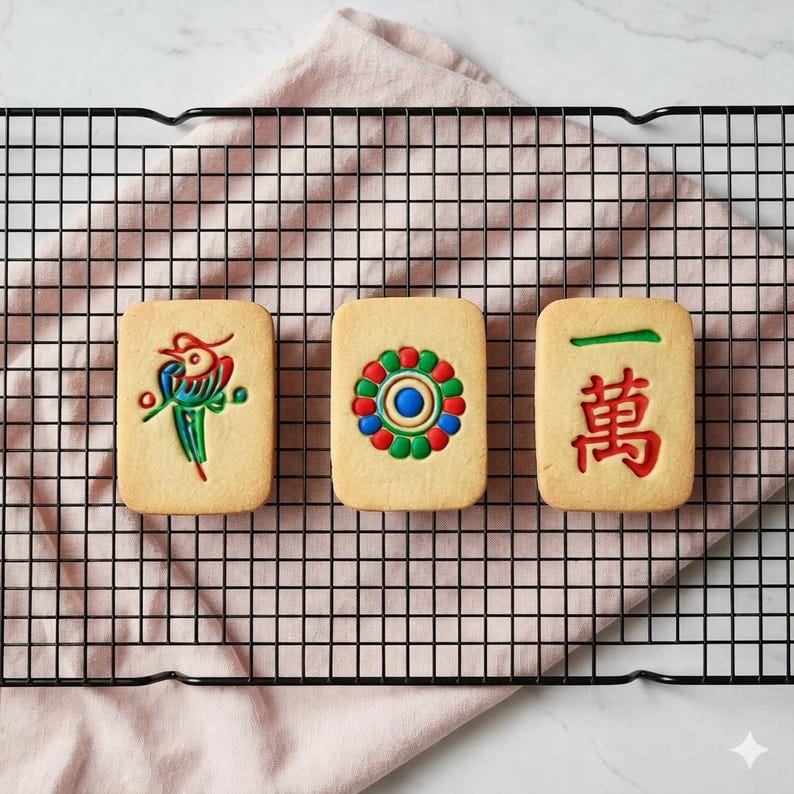 K&ouml;nnte beinhalten: Drei rechteckige Kekse, verziert mit farbigem Zuckerguss, die an Mahjong-Steine erinnern. Einer zeigt ein Vogeldesign, ein anderer ein Blumenmuster und der dritte chinesische Schriftzeichen. Die Kekse liegen auf einem schwarzen Drahtgestell &uuml;ber einem rosa Tuch.