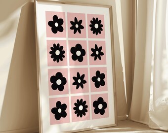 Boho Floral Print | Retro Pink and Black Flower Wall Art | Minimalist Daisy Poster | Aesthetic Printable Art | Groovy Room Decor Printable