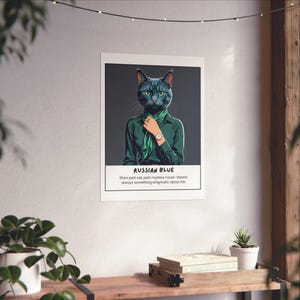 Póster de gata azul rusa, arte mural para amantes de las mascotas, decoración de estilo japonés, regalo para amantes de los gatos, decoración única para el hogar, ilustración animal