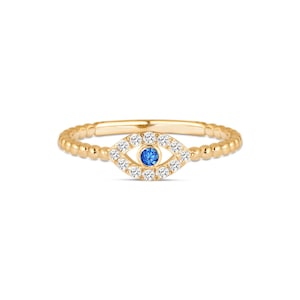 14k Złoty Diamentowy Pierścień Złoto Evil Eye, Niebieski Pierścień Oko, Pierścień Ochronny, Złoty Pierścień Stacking, Prezent Na Dzień Matki, Prezent Urodzinowy, Prezent Dla Niej