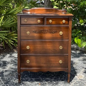 SOLD!! Antique Mahogany Dresser | Brass Pulls & Carved Details | Vintage Chest of Drawers
