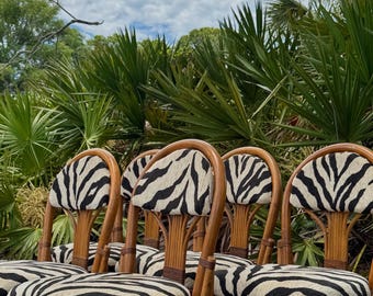 Vintage 1970s Bamboo & Rattan Dining Chairs Set of 5 | Fan Back Chairs | Zebra Upholstery | Coastal Hollywood Regency | Boho Dining Seating