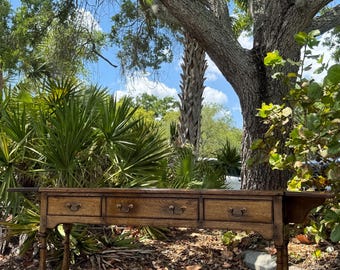 SOLD LOCALLY!! Antique Oak Sofa Table with Drop Leaves | Early 20th Century Console Table | Turned Legs & Brass Pulls