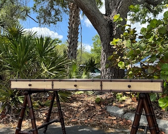 Williams Sonoma Home Faux Bamboo Desk – Raffia Wrapped Writing Desk with Glass Top – Coastal Regency Style Console Table
