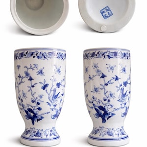 Vintage Chinoiserie Blue & White Planter | Porcelain Cache Pot | Asian Floral Motif | Classic Traditional Decor