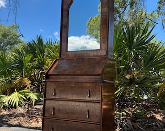 SOLD!!!!! Antique 19th Century Secretary Desk with Arched Mirror Hutch & Original Keys | Wallpapered Interior | Victorian Writing Desk