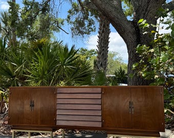 Vintage American of Martinsville Mid Century Modern Credenza | Walnut MCM Sideboard Media Console | Brass Base Entertainment Center