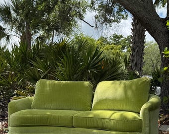 Vintage Highland House Moss Green Velvet Sofa | Curved Skirted Couch | Classic Southern Style | Luxe Lounge Seating