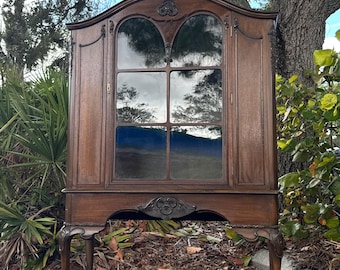Antique French Provincial Curio Cabinet | Vintage Walnut Display Cabinet | Glass Door China Hutch | Victorian Display Armoire