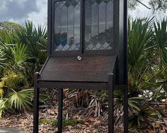Antique Secretary Desk with Leaded Glass Doors | Vintage Drop Front Writing Desk | Dark Wood Cabinet | Elegant Storage Piece
