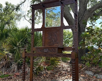 Antique Gothic Revival Oak Hall Tree | Late 19th Century Entryway Bench with Mirror | Carved Wood Coat Rack | Victorian Hall Stand