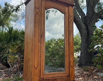 Antique Solid Wood Armoire with Tramp Art Carvings | Vintage Wardrobe Cabinet | Hand-Carved Storage Armoire | Statement Piece