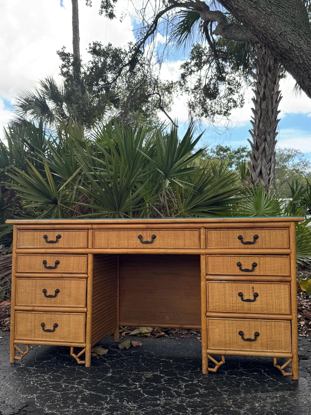 Vintage Coastal Bamboo & Rattan Desk | Split Reed Writing Desk | Palm ...
