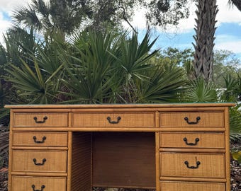 Vintage Coastal Bamboo & Rattan Desk | Split Reed Writing Desk | Palm Beach Regency Style | Wicker Campaign Desk | Faux Bamboo Furniture