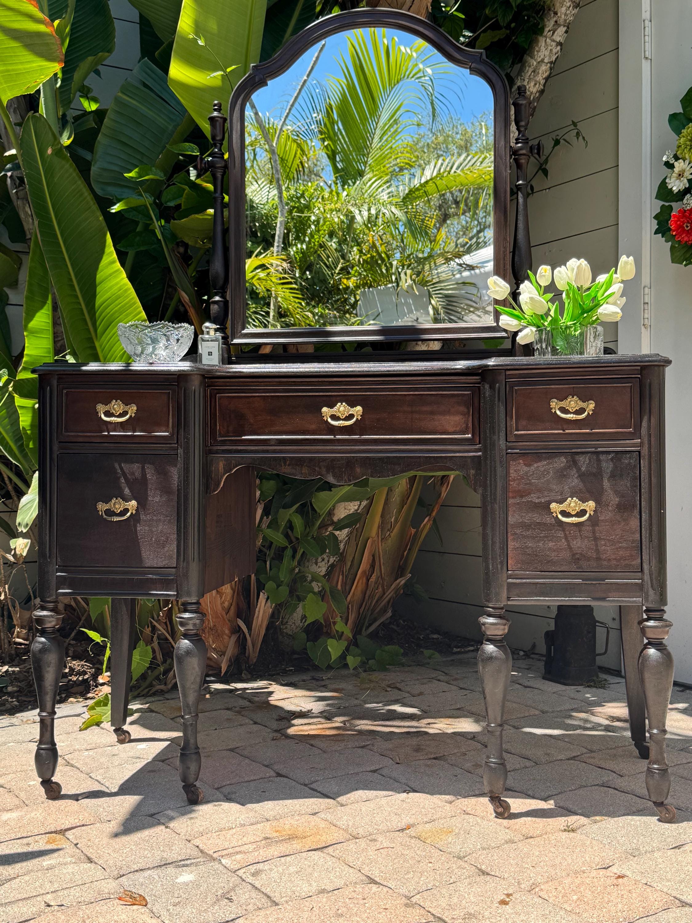 SOLD!!! – Antique 1900s Solid Wood Vanity with Original Mirror – Refinished in Dark Espresso
