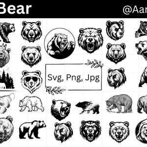 Puede incluir: Una colección de 25 ilustraciones de osos en blanco y negro en varias poses. Las ilustraciones incluyen osos de pie, sentados, rugiendo y caminando. El texto "Bear" y "@Aartest" están en la parte superior de la imagen. El texto "Svg, Png, Jpg" está en el centro de la imagen.
