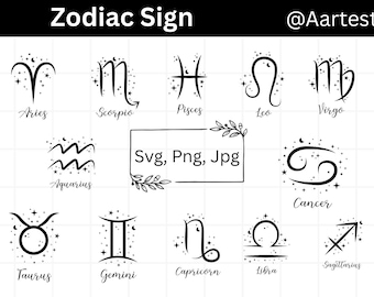 Paquete SVG de signos del zodíaco, SVG de astrología, Clipart de horóscopo, SVG de signos zodiacales, SVG de constelaciones, Símbolos del zodíaco PNG, Archivos de corte de astrología