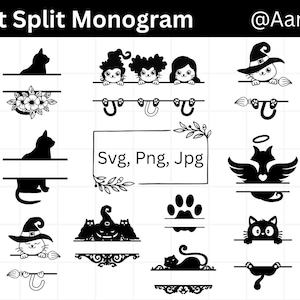 Monograma de gato dividido, monograma SVG de gatos, SVG de gatos personalizados, diseños láser de gatos, archivos SVG cortados con láser, uso comercial, archivos digitales SVG