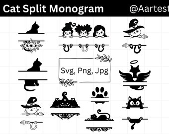 Monograma de gato dividido, monograma SVG de gatos, SVG de gatos personalizados, diseños láser de gatos, archivos SVG cortados con láser, uso comercial, archivos digitales SVG