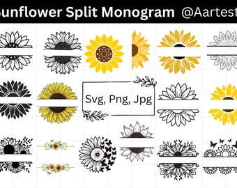 Sunflower Split Monogram, Sunflower SVG, Flower SVG, Monogram Svg, Half Sunflower Svg, Sunflower Svg File, Distressed Sunflower, Cricut