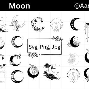Lua Crescente Svg, Lua Mágica Svg, Clipart de Lua, Lua Floral Svg, Celestial Svg, Silhueta da Lua, Downloads Digitais