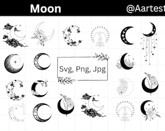 May include: A collection of black and white crescent moon designs. The image includes various moon illustrations with floral, cloud, and star accents. Text in the image reads "Moon" and "Svg, Png, Jpg".