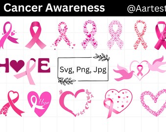 Cancer Awareness SVG Bundle, Ribbon Svg Clipart, Pink Ribbon Cut Files for Cricut, Breast Cancer Support SVG, Hope SVG, Digital Download