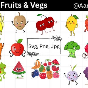 Groenten en fruit SVG-bundel, gezonde voeding clipart, kawaii SVG, groenten en fruit gesneden bestanden voor de Cricut, keukendecor, png
