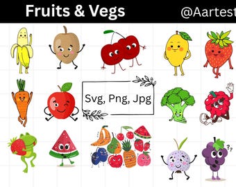 Pakiet SVG z owocami i warzywami, Zdrowe kliparty żywnościowe, Kawaii SVG, Pliki do wycinania owoców i warzyw dla Cricut, Dekoracje kuchenne PNG