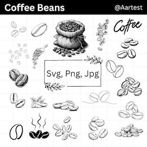 Könnte beinhalten: Schwarz-weiße Strichzeichnungen von Kaffeebohnen in verschiedenen Anordnungen. Die Illustrationen beinhalten einen Sack mit Kaffeebohnen, eine Schaufel mit Kaffeebohnen und einzelne Kaffeebohnen. Der Text "Coffee Beans" und "Svg, Png, Jpg" ist ebenfalls im Bild enthalten.