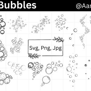 May include: A set of 12 black and white illustrations of bubbles in various shapes and sizes. The illustrations are simple and elegant, and they would be perfect for use in a variety of projects, such as scrapbooking, card making, or digital design. The text "Svg, Png, Jpg" is included in the image.